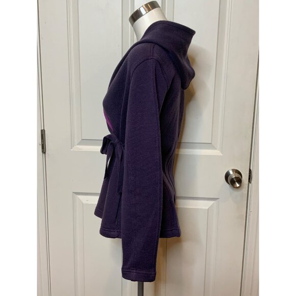 Title Nine Purple Merino Wool Blend Belted Tie Front Hooded Sweater, Size S - Picture 5 of 10